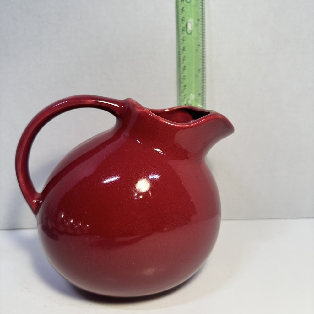 Large Red Ceramic Pitcher Round Ball Shape Glossy Water Serving Jug Vintage